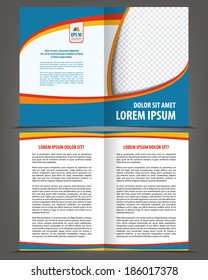 Vector empty bi-fold brochure print template design with blue and orange elements