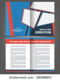 Vector empty bi-fold brochure print template design with blue and red elements
