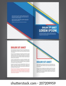 Vector empty bi-fold brochure print template design with blue and red elements