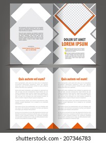 Vector empty bi-fold brochure print template design with orange and gray elements