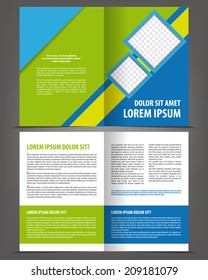 Vector empty bi-fold brochure print template design with blue and green elements