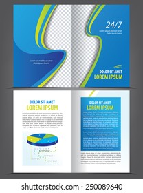 Vector empty bi-fold brochure print template design with blue elements