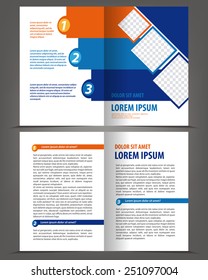 Vector empty bifold brochure print template design with blue elements