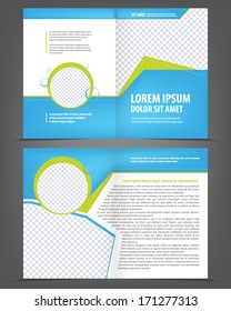 Vector empty bifold brochure template design with blue and green elements