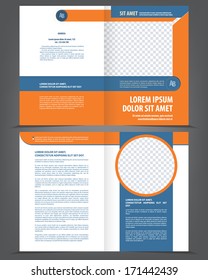 Vector empty bifold brochure template design with orange and dark blue elements