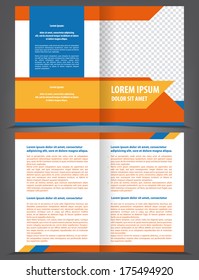 Vector empty bifold brochure template design with blue and orange elements