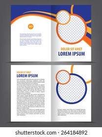 Vector empty bifold brochure template design, print layout orange blue