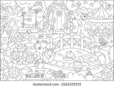 Vetor vazio fundo preto e branco do jardim de fadas. Paisagem de quintal de princesa de conto de fadas. Paisagem de linha de pomar mágico com fonte, lagoa, banco. Ilustração de cena de fantasia, página de coloração
