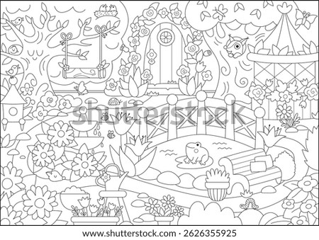 Vector empty black and white fairy garden background. Fairytale little princess back yard landscape. Magic orchard line scenery with fountain, pond, bench. Fantasy scene illustration, coloring page

