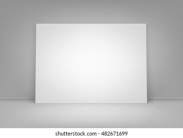 Vector Empty Blank White Mock Up Poster Picture Frame Standing on Floor with Wall Front View