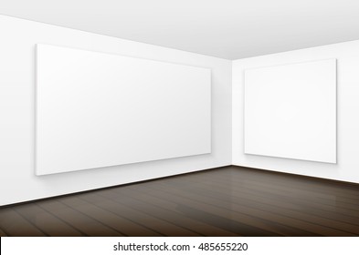 Vector Empty Blank White Mock Up Posters Pictures Frames on Walls with Brown Wooden Floor in Gallery