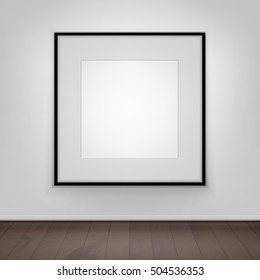 Vector Empty Blank White Mock Up Poster Picture Black Frame on Wall with Brown Wooden Floor Front View