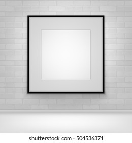 Vector Empty Blank White Mock Up Poster Picture Black Frame on Brick all with Floor Front View