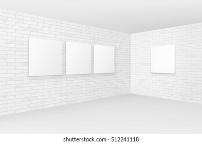 Vector Empty Blank White Mock Up Posters Pictures Frames on Brick Walls with Floor in Gallery