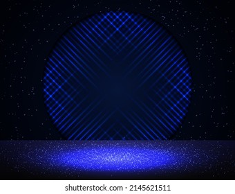 Vector empty blue neon background with shining floor and shining lines for design show content product