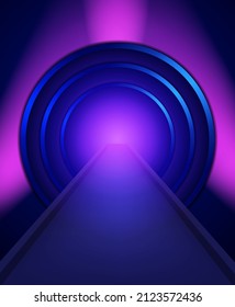 Vector empty blue neon shine background with round banner and spotlights for design show content product