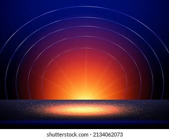 Vector empty blue neon shine table or room wall background for design show content product