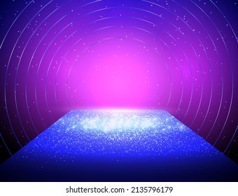 Vector vacío fondo de brillo de neón azul con banner redondo y focos para el producto de contenido de show de diseño