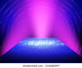 Vector empty blue neon shine background with shining floor and pink spotlights for design show content product