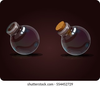 Vector empty bottles of potions. Game icon of magic elixir. Vector design for app user interface