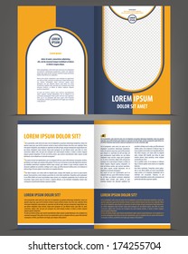 Vector empty brochure print template design with orange and dark blue elements