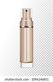 Vector empty bronze gold package for cosmetic products with pump, tube for lotion, tonic, cream. Realistic mockup of glass container with batcher isolated on white-transparent background.