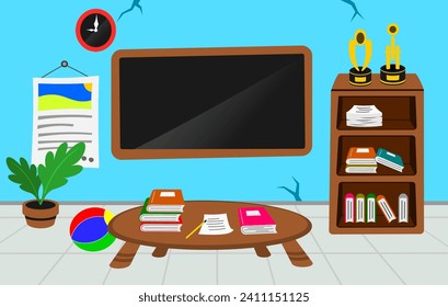 vector empty classroom and some books, ball, blackboard, trophies illustration
