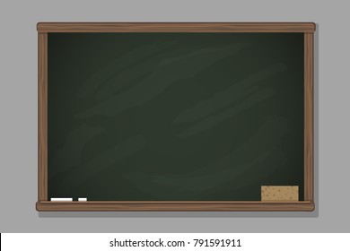 Vector empty dark green chalk board with wooden frame isolated on grey background