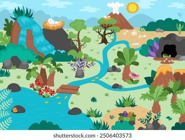 Vector empty dinosaur landscape illustration. Cute prehistoric scenery with mountains, forest, ancient plants. Jurassic or Cretaceous period scene with palm tree, volcanoes. Dino picture for kids