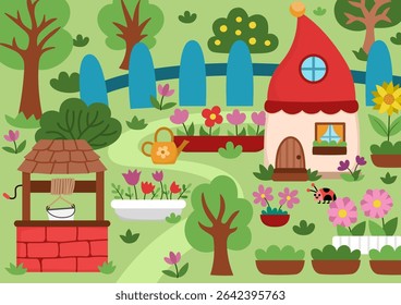 Vector empty dwarf garden background. Cute gnome country landscape. Woodland, fantasy forest scene with tree, house, animal. Fairytale world illustration with fence, well, seedbed, flowers
