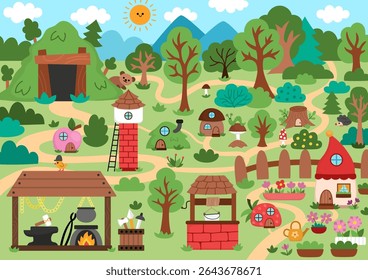 Vector empty dwarf land background. Cute gnome country landscape. Woodland, fantasy forest scene with tree, house, animal. Fairytale world illustration with mine pit, forge, garden
