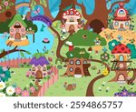 Vector empty fairyland background. Cute fairy land landscape. Woodland scenery with trees, treehouses, animals. Fantasy forest scene illustration. Magic or fairytale world picture

