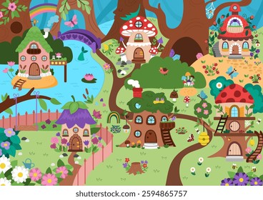 Vector empty fairyland background. Cute fairy land landscape. Woodland scenery with trees, treehouses, animals. Fantasy forest scene illustration. Magic or fairytale world picture
