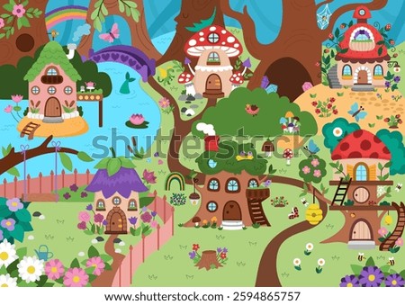 Vector empty fairyland background. Cute fairy land landscape. Woodland scenery with trees, treehouses, animals. Fantasy forest scene illustration. Magic or fairytale world picture
