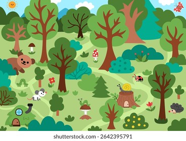 Vector empty forest background. Cute woodland landscape. Nature scene with woods, trees, bushes, path, little houses, animals. Fairytale world or story book illustration for kids
