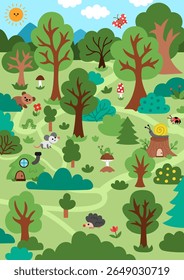 Fundo de floresta vazio de vetor. Paisagem florestal bonita. Cena da natureza com bosques, árvores, arbustos, caminhos, casas pequenas, animais. Ilustração de livro de história ou mundo de conto de fadas para crianças com rato, urso

