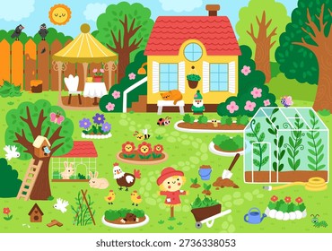Vector empty garden landscape. Country house detailed scene with trees, greenhouse, flower beds, growing plants, pergola. Cute spring nature background with birds, birdhouse, scarecrow
