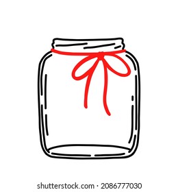 Vector empty glass jar with red ribbon bow isolated on white background.