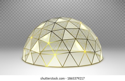 Vector empty glass spherical dome. Round glass dome with gold frame