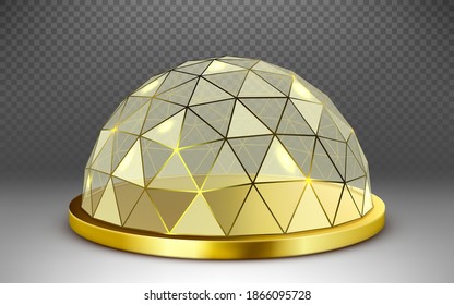 Vector empty glass spherical dome. Round glass dome with gold frame