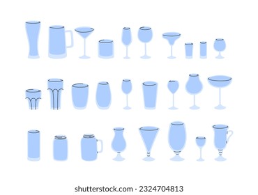 Vector empty glasses for alcohol and non alcohol drinks set. Doodle different types of drink glasses isolated illustration