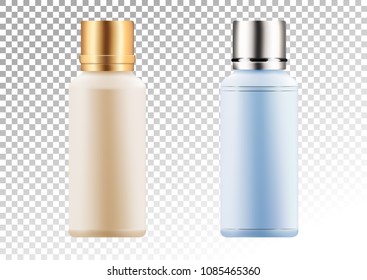 Vector empty gold and pink package for cosmetic products tube and bottle for lotion, shower gel, shampoo, tonic. Realistic mockup of plastic container isolated on white-transparent background.