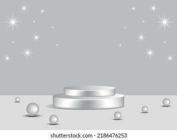 vector empty gray 3d podium on gray background. a two-stage empty podium with stars in the background and scattered pearls.