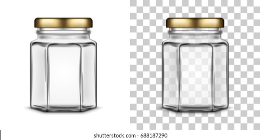 Vector empty hexagonal glass jar for honey with a metal screw cap lid isolated over white and transparent backgrounds. Realistic illustration.