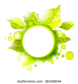 Vector empty label with green summer leaves. Season summer background for outdoor advertising.