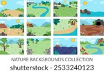 Vector empty nature landscape illustration set. Cute flat scenery collection with sun, meadow, mountains, forest, plants. Outdoor plane or clearing scenes. Dinosaur backgrounds for kids
