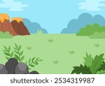 Vector empty nature landscape illustration. Cute flat scenery with sun, meadow, forest, plants. Outdoor plane or clearing scene with greenery. Dinosaur background for kids with mountains, volcano
