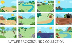 Vector empty nature landscape illustration set. Cute flat scenery collection with sun, meadow, mountains, forest, plants. Outdoor plane or clearing scenes. Dinosaur backgrounds for kids
