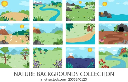 Conjunto de ilustrações de paisagem de natureza vazia de vetor. Coleção de paisagens planas bonitas com sol, prado, montanhas, floresta, plantas. Avião exterior ou cenas de limpeza. Fundo de dinossauros para crianças
