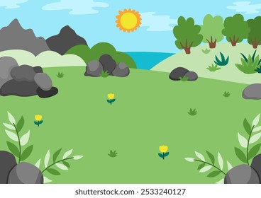 Vector empty nature landscape illustration. Cute flat scenery with sun, meadow, forest, plants. Outdoor plane or clearing scene with greenery. Dinosaur background for kids with mountains, sea
